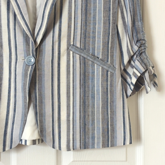 Drew Catalina Striped Linen Blend Boxy Single Button Blazer Jacket Blue Gray XS - Picture 10 of 13